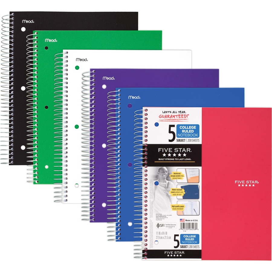 Mead Five-Star Wirebound 5-Subject Notebook - 200 Sheets - Wire Bound - 11  x 8 1/2 - White Paper - Assorted Cover - Pocket, Stiff-back, Perforated,  Pocket Divider, Heavyweight, Subject, Spiral Lock - 1 Each