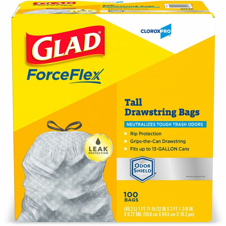 Glad ForceFlex 13 Gallon Tall Kitchen Drawstring Trash Bags, White -  100/Box 