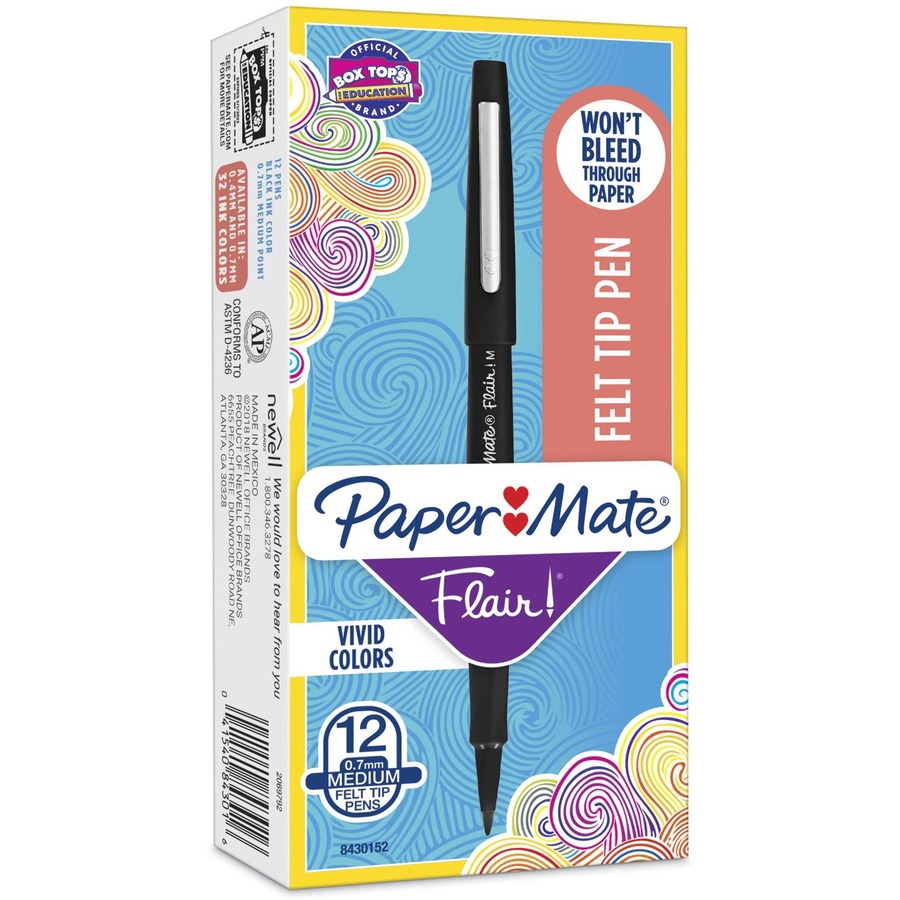 Paper Mate Flair Point Guard Felt Tip Marker Pens - Medium Pen Point -  Black Water Based Ink - Black Barrel - 1 Dozen - Thomas Business Center Inc