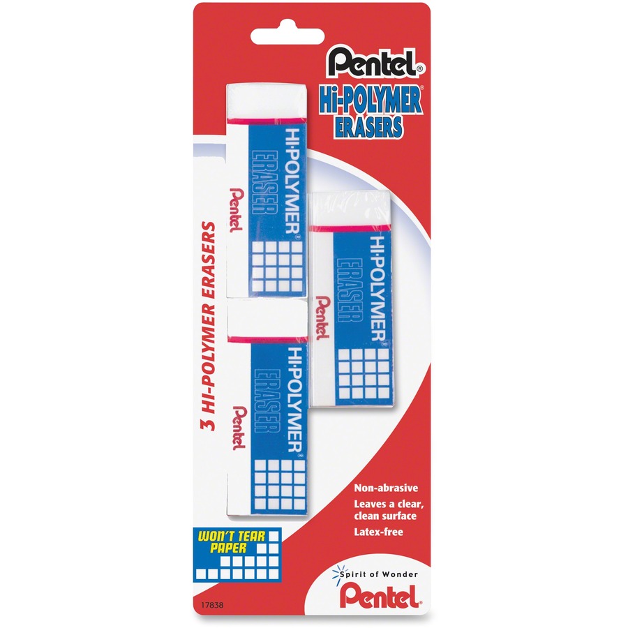 Pentel Hi-Polymer Cap Eraser, White, 50/Pack