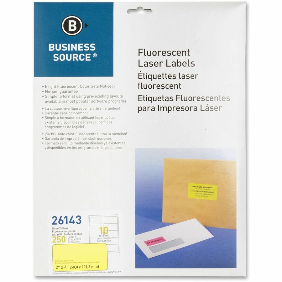 Business Source 2 Fluorescent Color Laser Labels Permanent Adhesive 2 Width X 4 Length Rectangle Laser Neon Yellow 10 Sheet 250