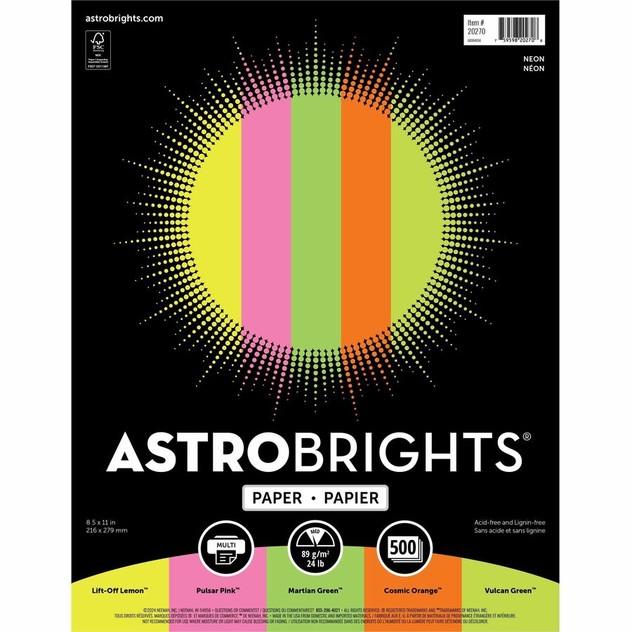 Astrobrights Colored Paper, 8.5 x 11, 24 lb, Neon Assortment - 500 sheets
