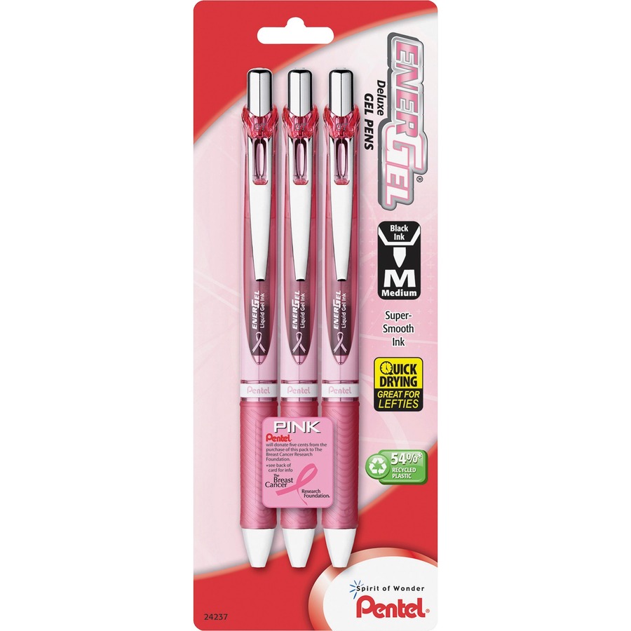 EnerGel EnerGel Pink BCA Ribbon RTX Liquid Gel Pens - Medium Pen Point - 0.7  mm Pen Point Size - Refillable - Retractable - Black Gel-based Ink - Pink  Barrel - Metal Tip - 3 / Pack - Bluebird Office Supplies