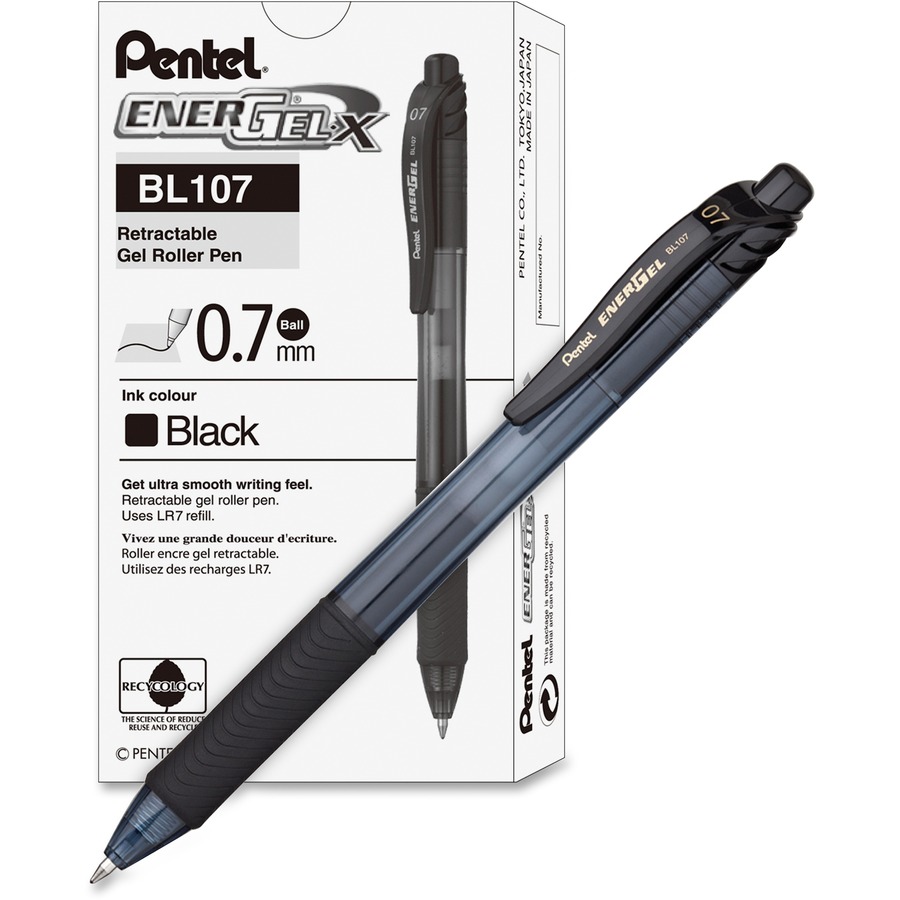 EnerGel EnerGel-X Retractable Gel Pens - Medium Pen Point - 0.7 mm Pen  Point Size - Refillable - Retractable - Black Gel-based Ink - Black Barrel  - Metal Tip - 12 / Box - Filo CleanTech
