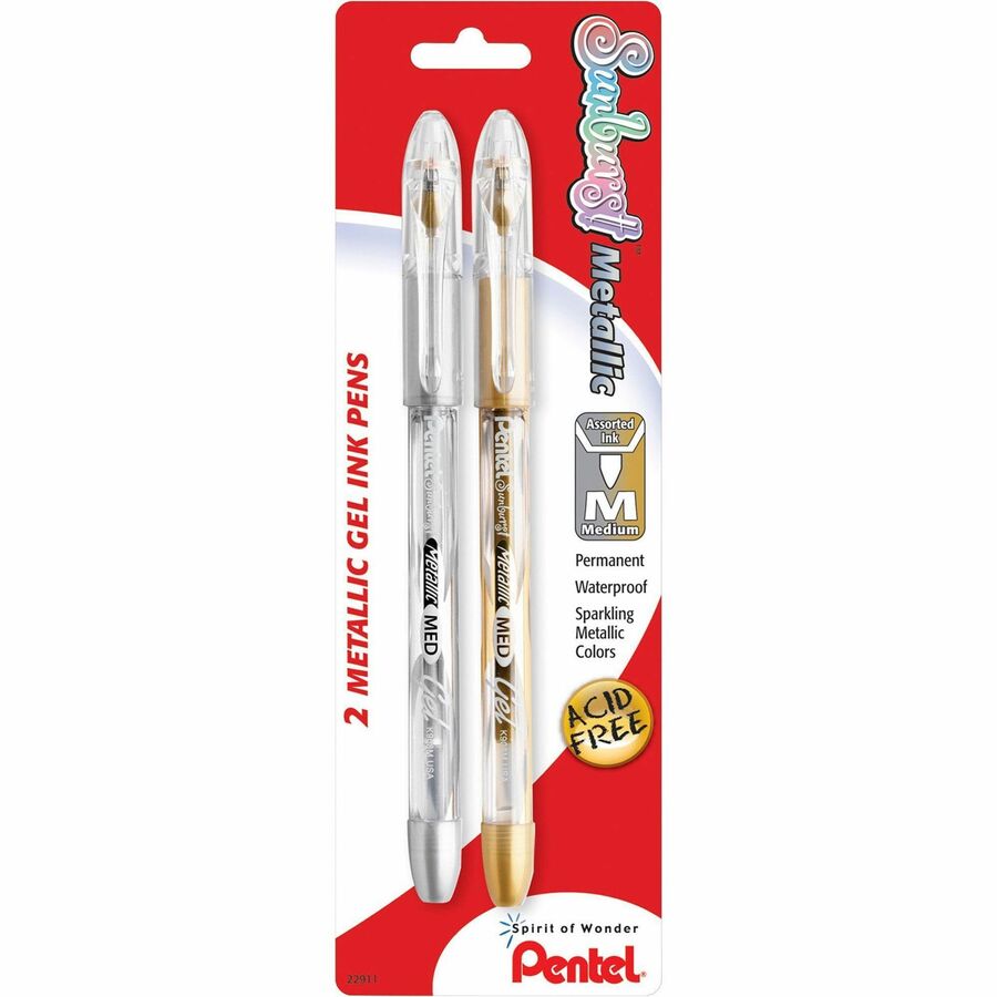 Pentel Sunburst Metallic Rollerball Gel Pen, Medium Point (0.8 mm), Gold/Silver - 2 pack