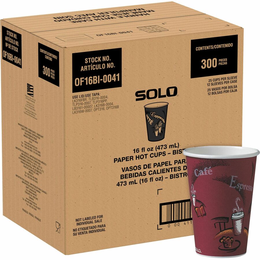 Solo Paper Hot Cups, 16 fl oz. - Bistro Design - 300 / Carton - Maroon 