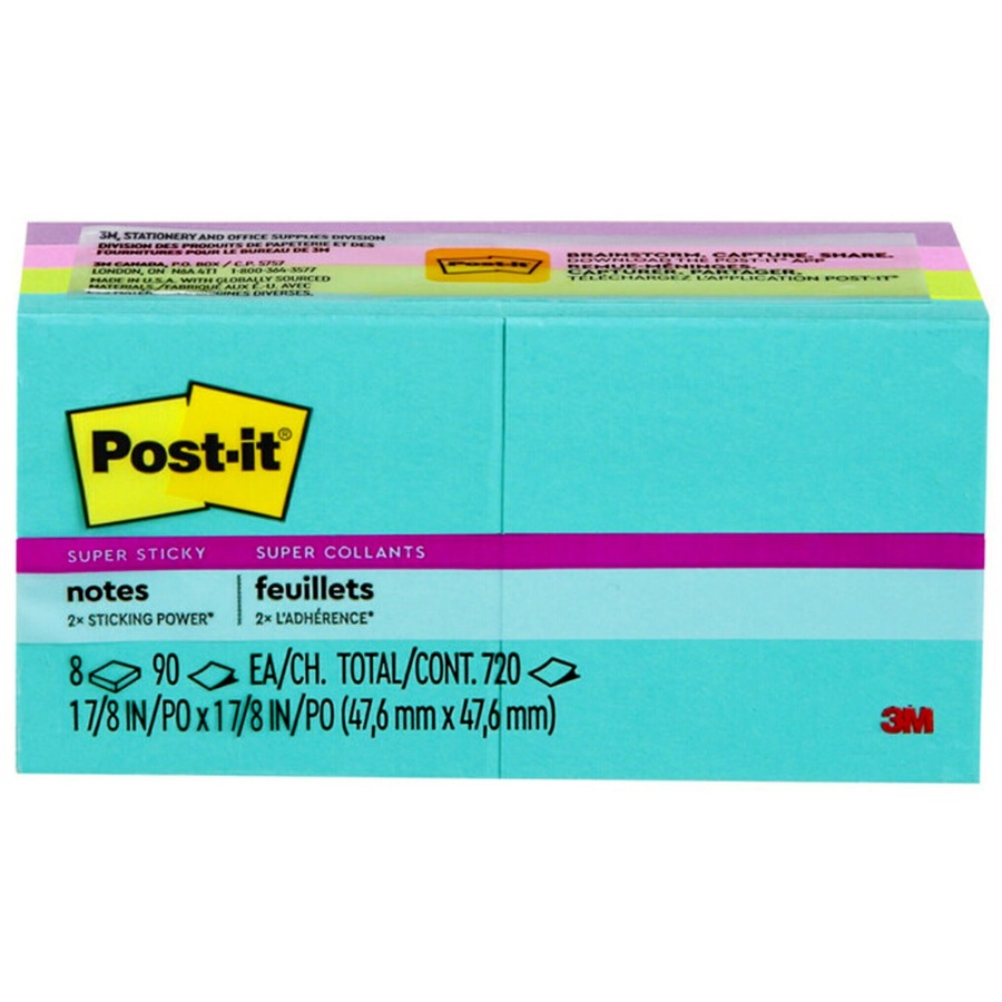 Post-it® Super Sticky Notes - Supernova Neons Color Collection - 720 x  Multicolor - 2 x 2 - Rectangle - 90 Sheets per Pad - Aqua Splash, Acid  Lime, Tropical Pink, Iris Infusion - Paper - Self-adhesive, Recyclable - 8  / Pack
