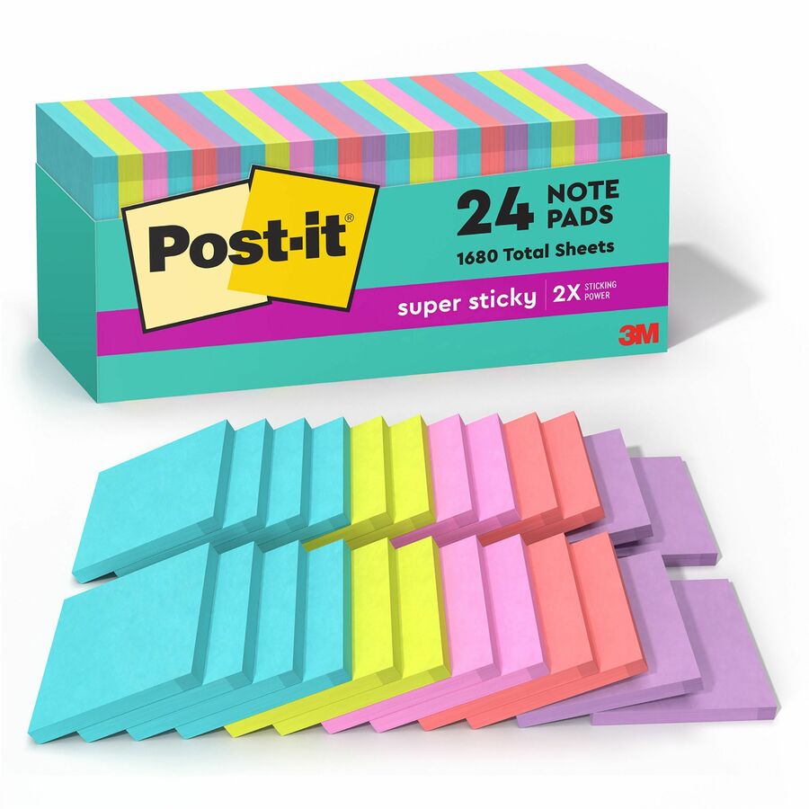 Post-it Super Sticky Notes, 3 x 3 Miami Collection, 70 Sheet Pads , 24  Pads / Pack