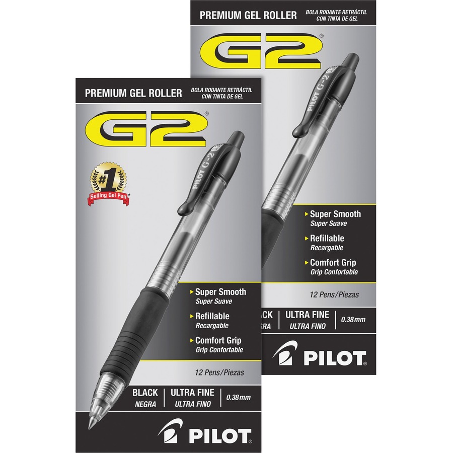 Pilot G2 Retractable Rollerball Gel Pens, Ultra Fine Point, 0.38mm, Black Ink, 3 Count