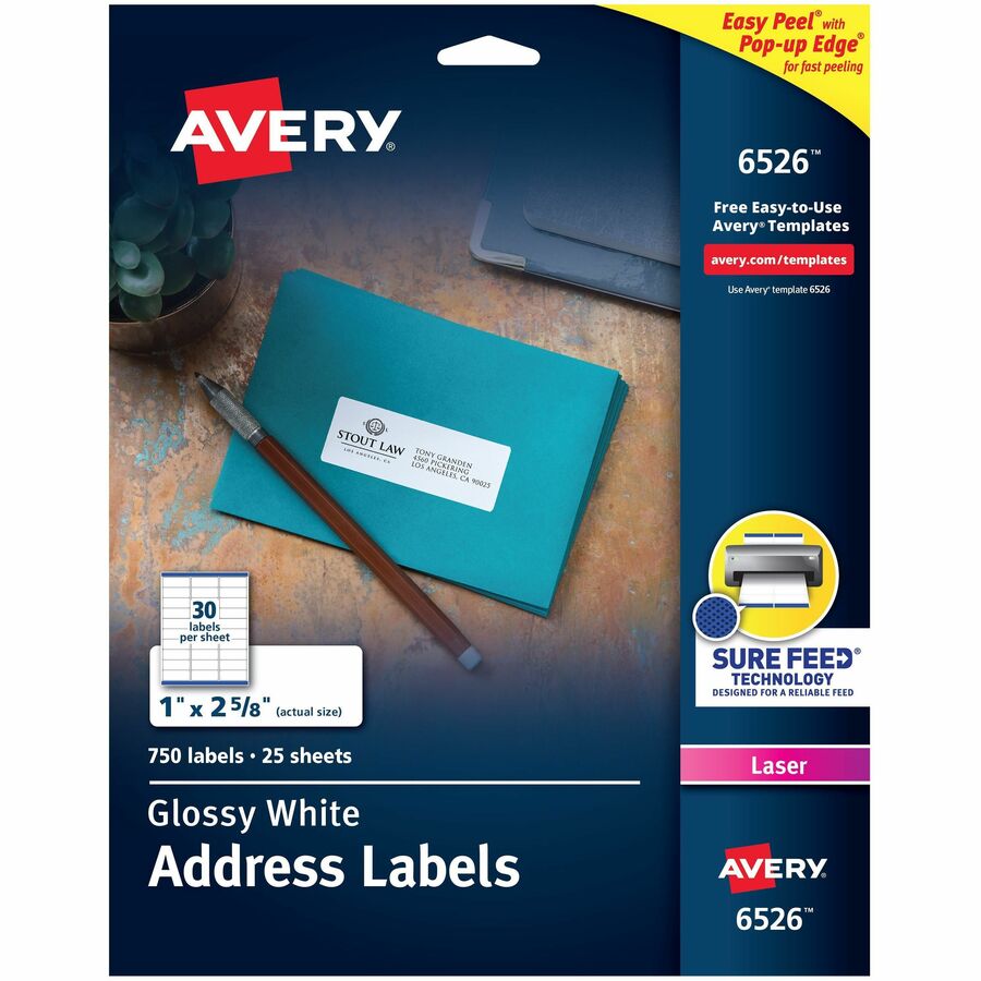 Avery® Address Labels with Sure Feed® and Easy Peel® Technology, Glossy White  Labels, 1" x 2-5/8" Permanent, Laser Only, 750 Glossy Labels (6526)  Avery® Address Labels, Glossy White, 1" x 2-5/8" 750 Total (6526)  simplykleenusa