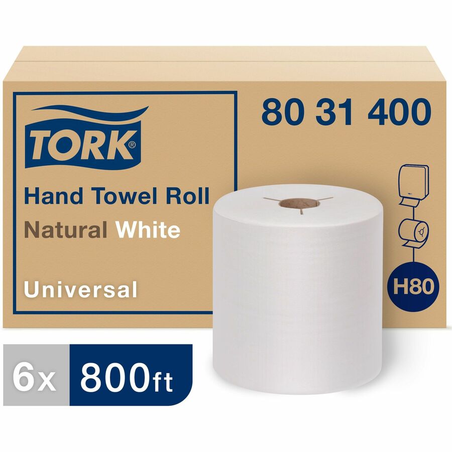 TORK Universal Hand Towel Roll - 1 Ply - 8 x 800 ft - 7.80 Roll Diameter  - Natural, White - Paper - Embossed - For Hand - 6