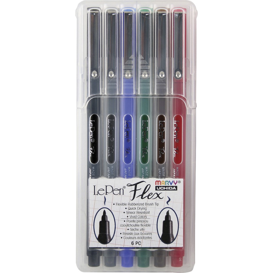 Marvy LePen Flex Brush Tip Pen Set - Brush Pen Point Style - Black, Red,  Blue, Green, Brown, Dark Gray - Black, Red, Blue, Green, Brown, Dark Gray  Barrel - Rubberized Tip - 6 / Set - Filo CleanTech