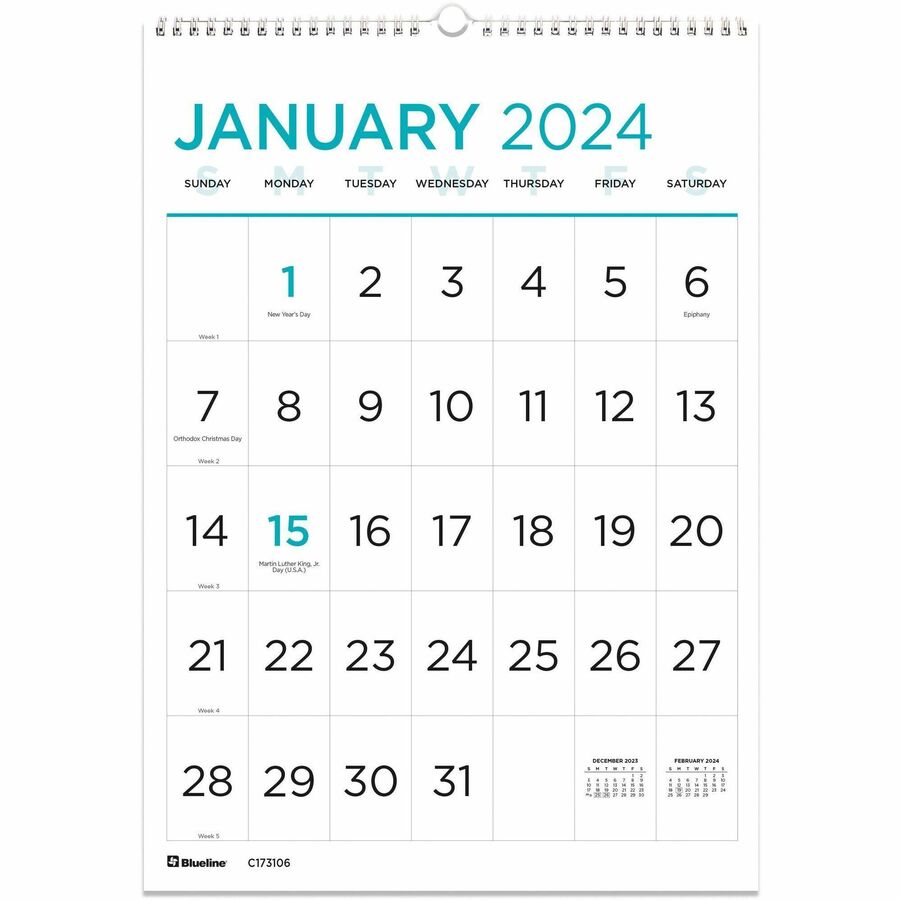 Blueline Large Print Monthly Wall Calendar - Zerbee