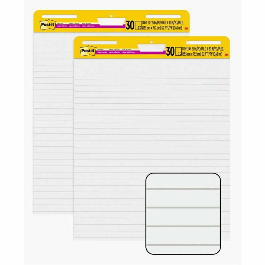 Post-it® Super Sticky Easel Pad - 30 Sheets - Ruled25 x 30 - Self-stick,  Resist Bleed-through, Handle, Sturdy Backcard, Universal Slot,  Repositionable, Adhesive Backing - 2 / Carton - Thomas Business Center Inc