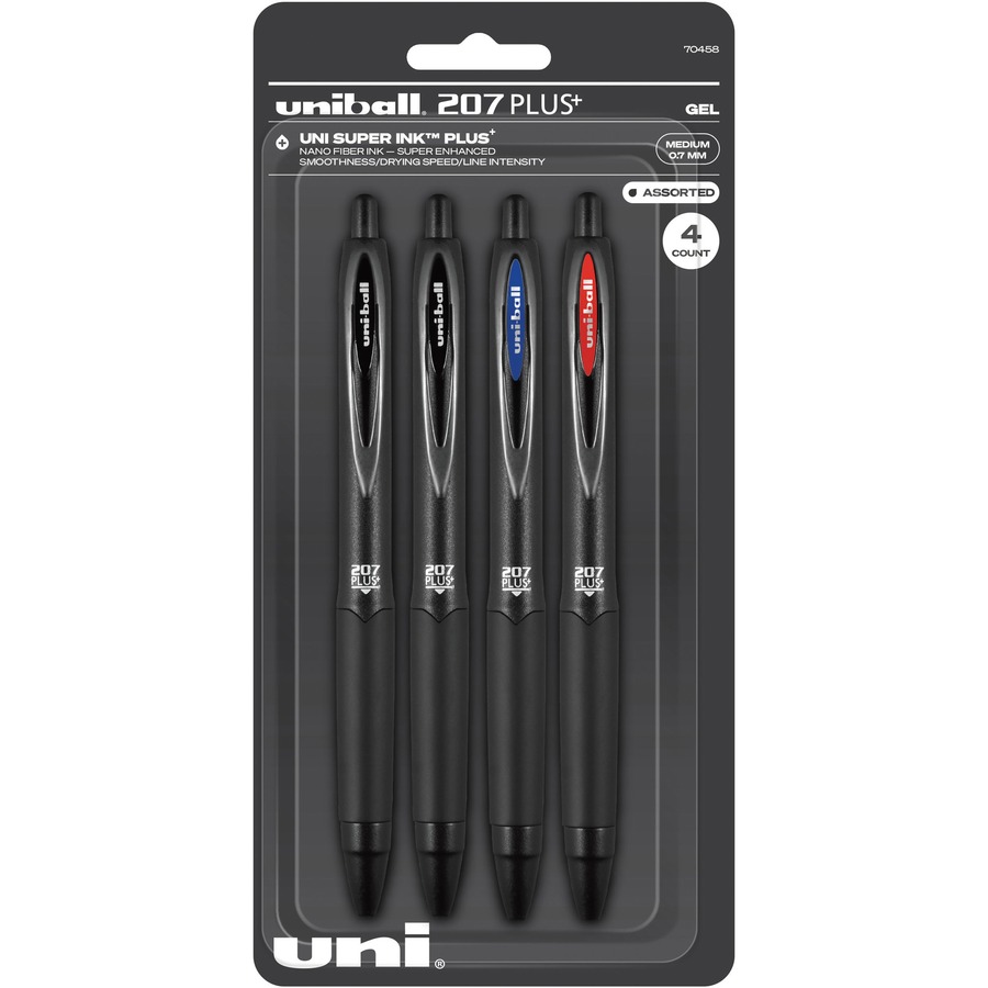 uniball™ 207 Plus+ Gel Pen - Medium Pen Point - 0.7 mm Pen Point Size -  Retractable - Assorted Gel-based, Nanofiber Ink Ink - Black Metal Barrel - 4  / Pack - Thomas Business Center Inc