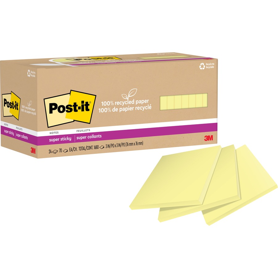 Post-it 100% Recycled Paper Super Sticky Notes, 3 x 3, Canary Yellow, 70 Sheets/Pad, 5 Pads/Pack