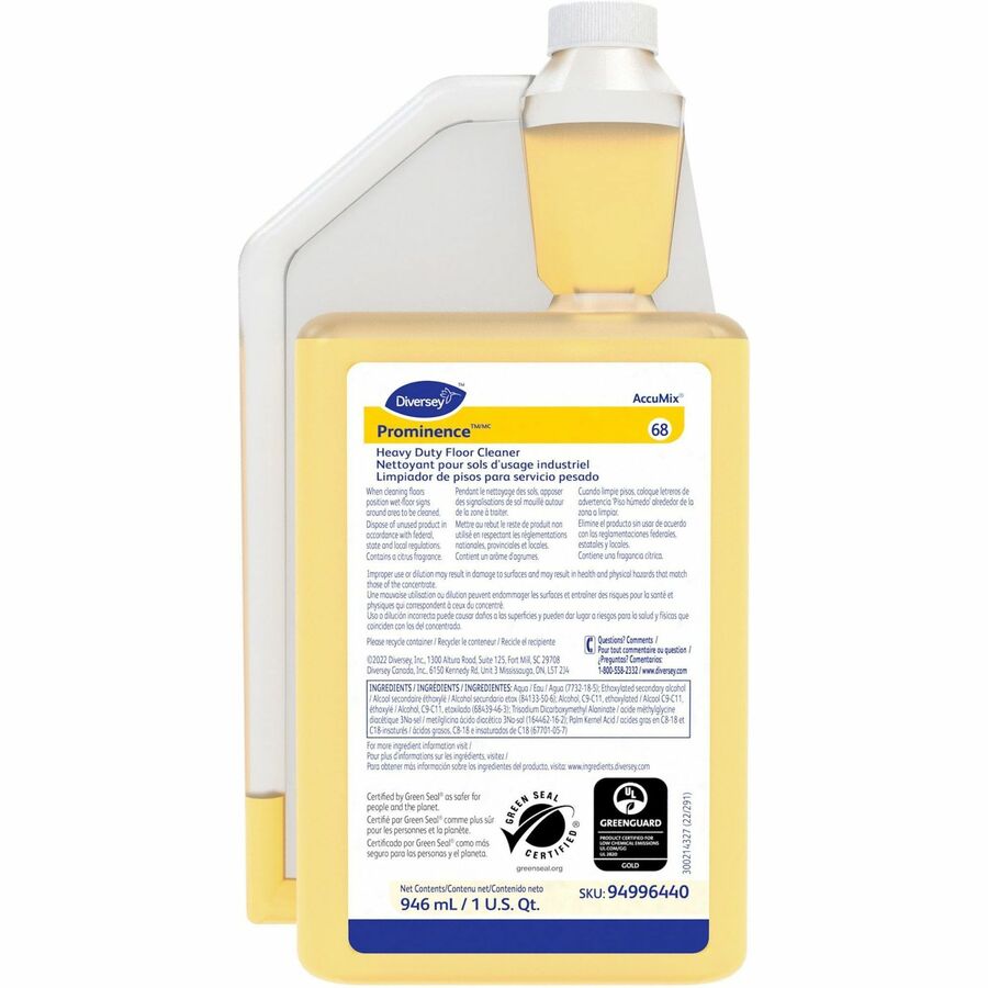 Diversey Prominence Heavy Duty Floor Cleaner - Concentrate - 32 fl oz (1  quart) - Citrus Scent - 6 - Heavy Duty, Film-free, Rinse-free, pH Neutral,  Dilutable - Yellow - Hobby Office Corp