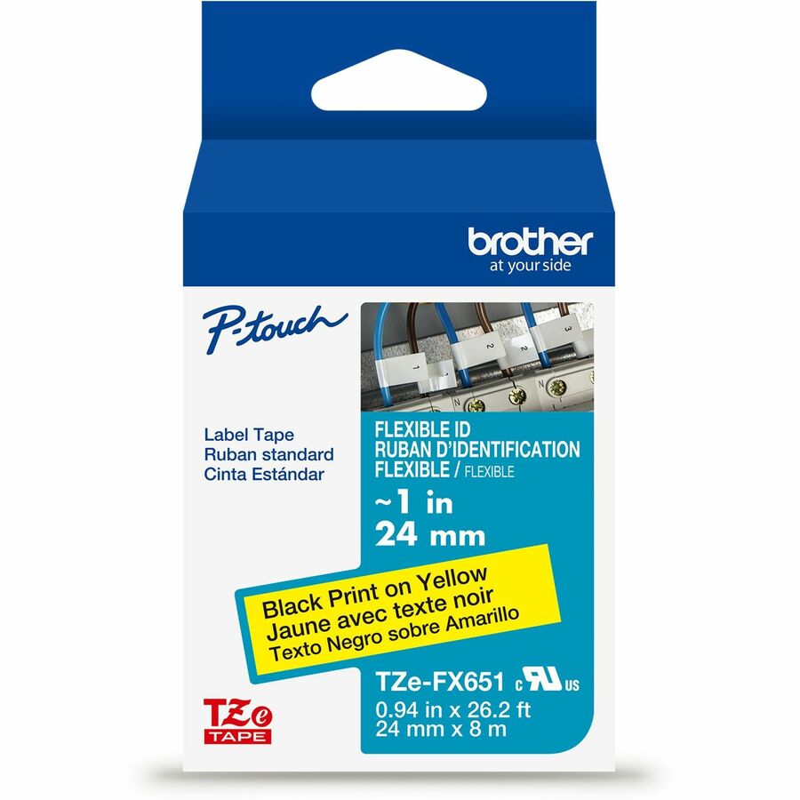 Brother Genuine P-touch TZeFX651 BK on YL Label Tape, Flexible ID