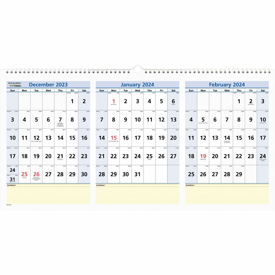 At A Glance QuickNotes 3 Month Horizontal Wall Calendar