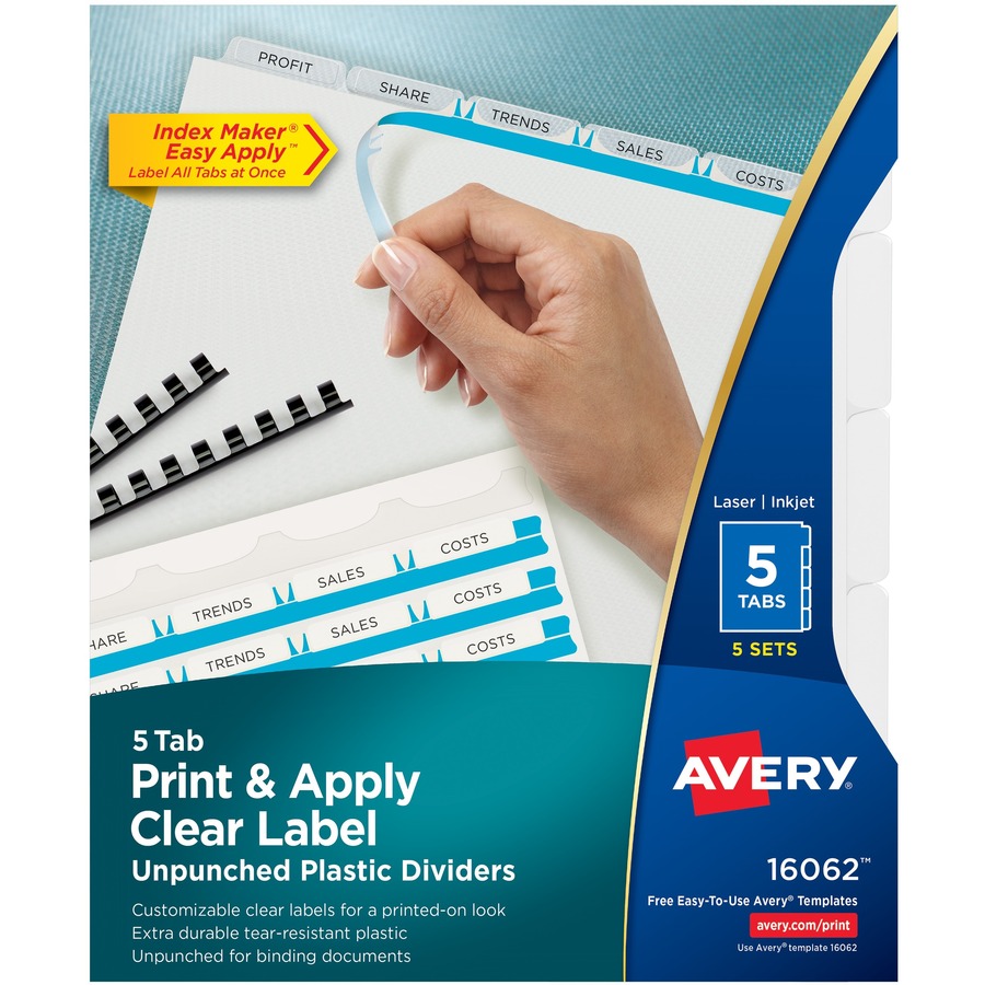 Avery 75500, avery index maker 5-tab clear pocket view dividers.