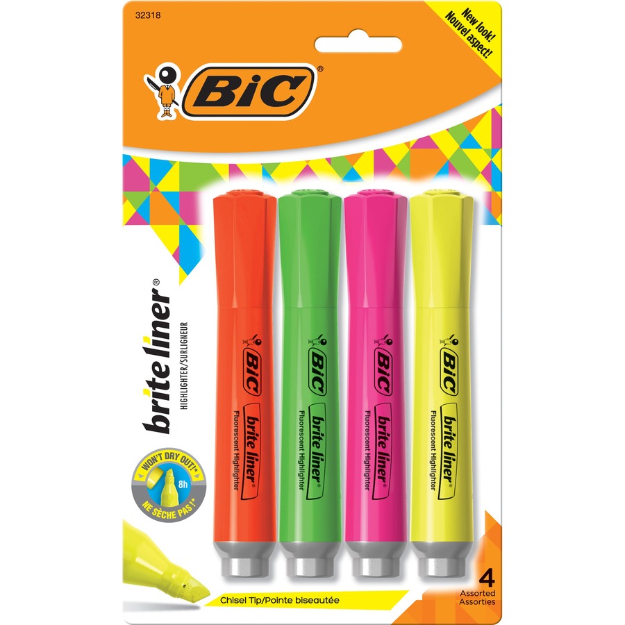 BIC Brite Liner Fluorescent Highlighters, Assorted Colors, Chisel Tip -  4/Set 