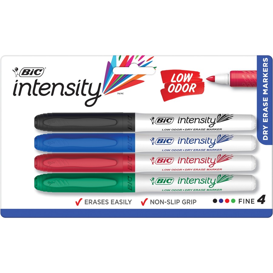 BIC Intensity Dry Erase Marker - Fine Marker Point - 6.34 mm Marker Point  Size - Assorted - 4 Pack - Bluebird Office Supplies