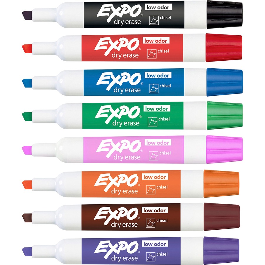 Expo Low-Odor Dry-erase 8-Color Marker Set - Chisel Marker Point Style -  Black, Red, Blue, Green, Pink, Orange, Brown, Purple - Assorted Barrel - 8  / Set 