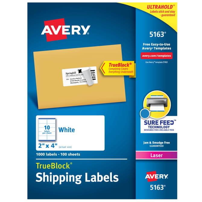 Avery® TrueBlock® Shipping Labels, Sure Feed™ Technology, Permanent Adhesive, 2