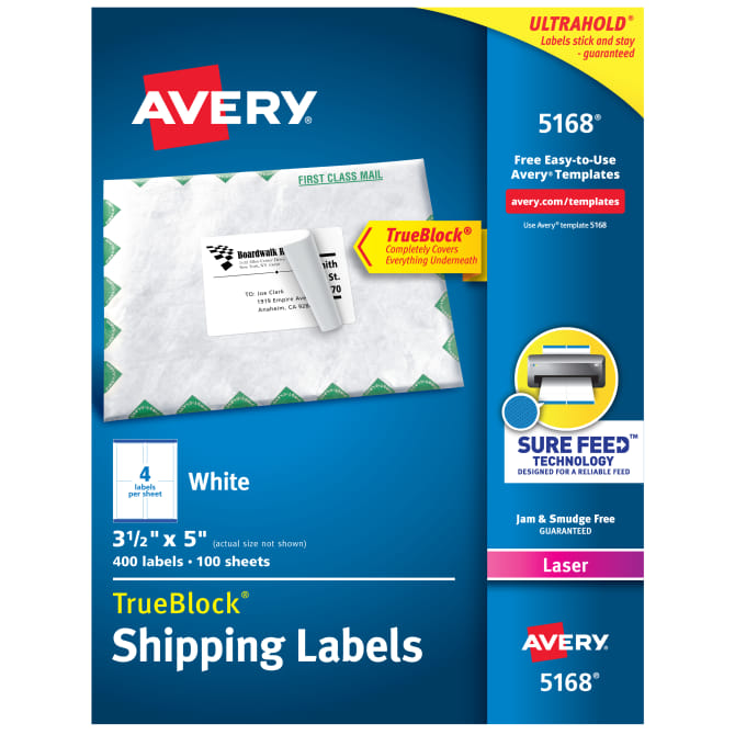 Avery® TrueBlock® Shipping Labels, Sure Feed™ Technology, Permanent Adhesive, 3-1/2