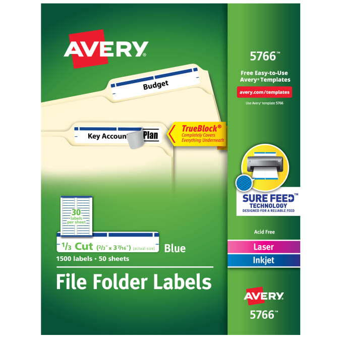 Avery® TrueBlock® File Folder Labels, Sure Feed™ Technology, Permanent Adhesive, Blue, 2/3