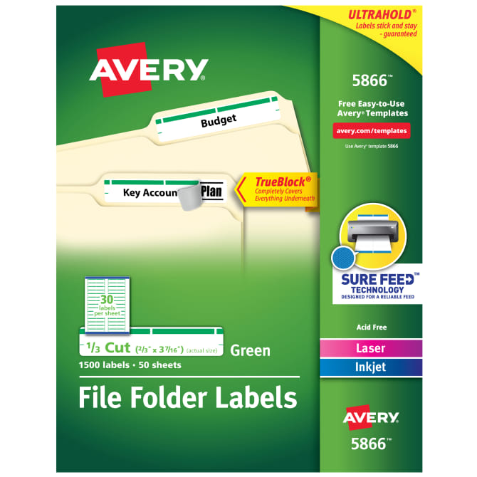Avery® TrueBlock® File Folder Labels, Sure Feed™ Technology, Permanent Adhesive, Green, 2/3