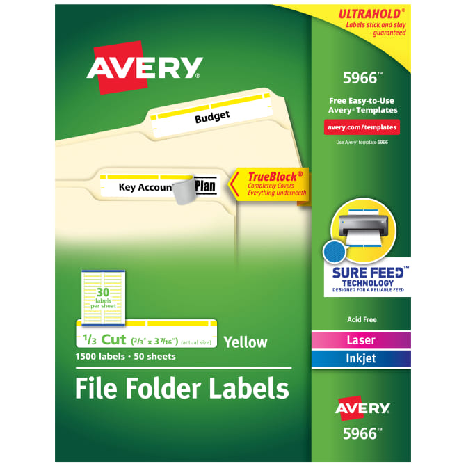 Avery® TrueBlock® File Folder Labels, Sure Feed™ Technology, Permanent Adhesive, Yellow, 2/3