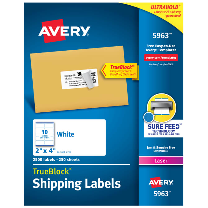 Avery® TrueBlock® Shipping Labels, Sure Feed™ Technology, Permanent Adhesive, 2