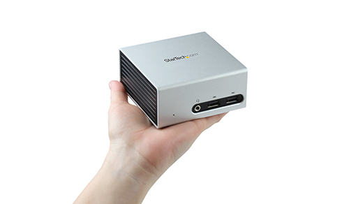 Photo showing the palm sized laptop docking station