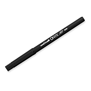 <b>uni-ball Onyx</b></br>
Affordable, reliable and consistent, the uni-ball Onyx features a sturdy metal roller point that ensures a flawless writing experience. The easy-to-hold matte black barrel is available in fine or micro point, in three colors. Made from 80% post-consumer recycled electronics.
