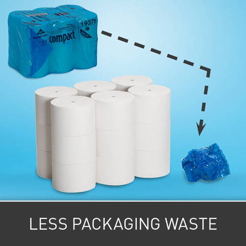 By eliminating cardboard cores, individual roll wrapping and outer corrugated boxes, there is 95% less packaging waste (vs. GP standard bath tissue).
