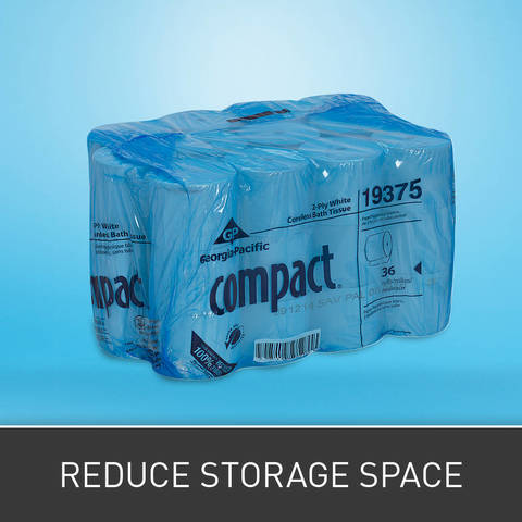 Unique packaging reduces inventory space required and makes storage and retrieval of product for refill much easier (vs. standard tissue in large corrugated boxes).
