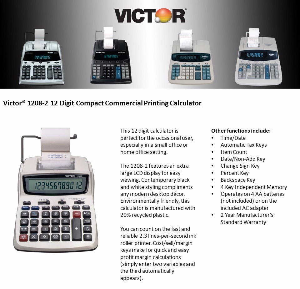 Victor 1208-2 Compact Commercial Printing Calculator