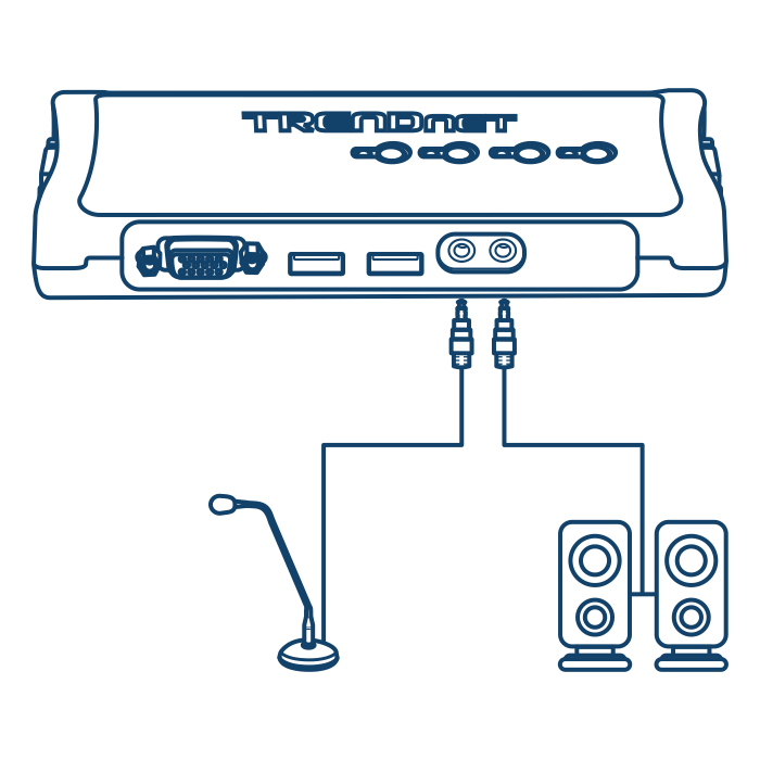 Diagram of a connection with two speakers and a microphone, detailing their configuration and relationship with the KVM switch.