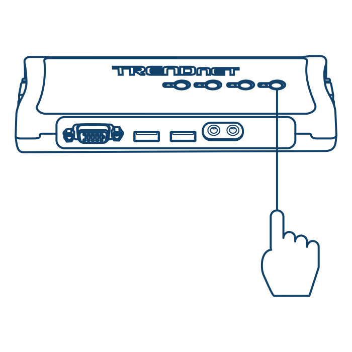 A hand pointing to a button on a KVM switch.