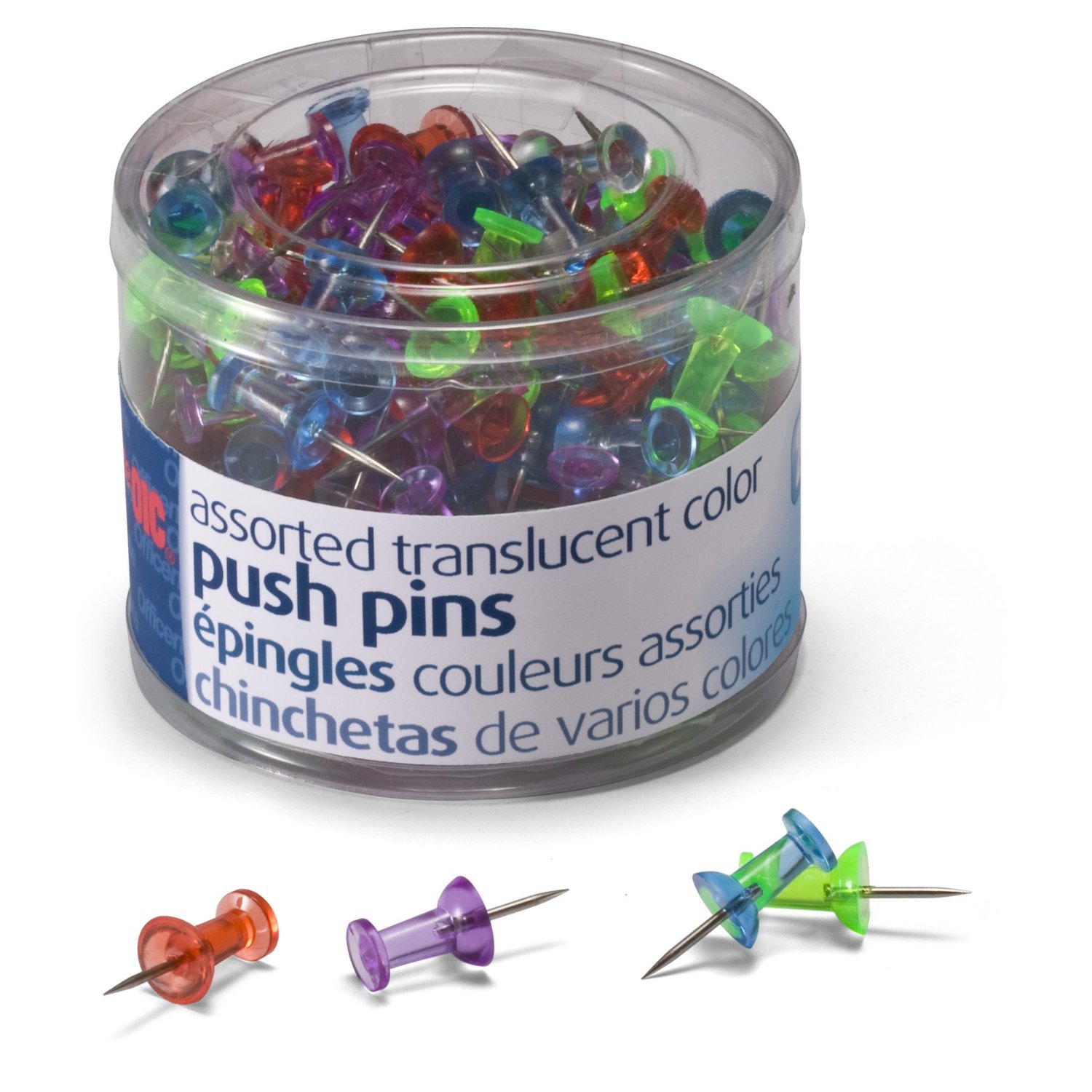 200 translucent color push pins per tub