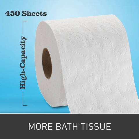 High-capacity, 450 sheet rolls, offer the appearance and softness of at-home bath tissue and helps you reduce labor costs with fewer roll changes required.
