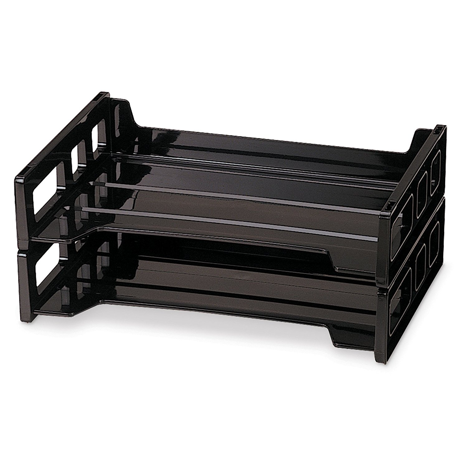 Side loading, letter size desk trays stack securely to form an attractive, convenient method of desktop organization