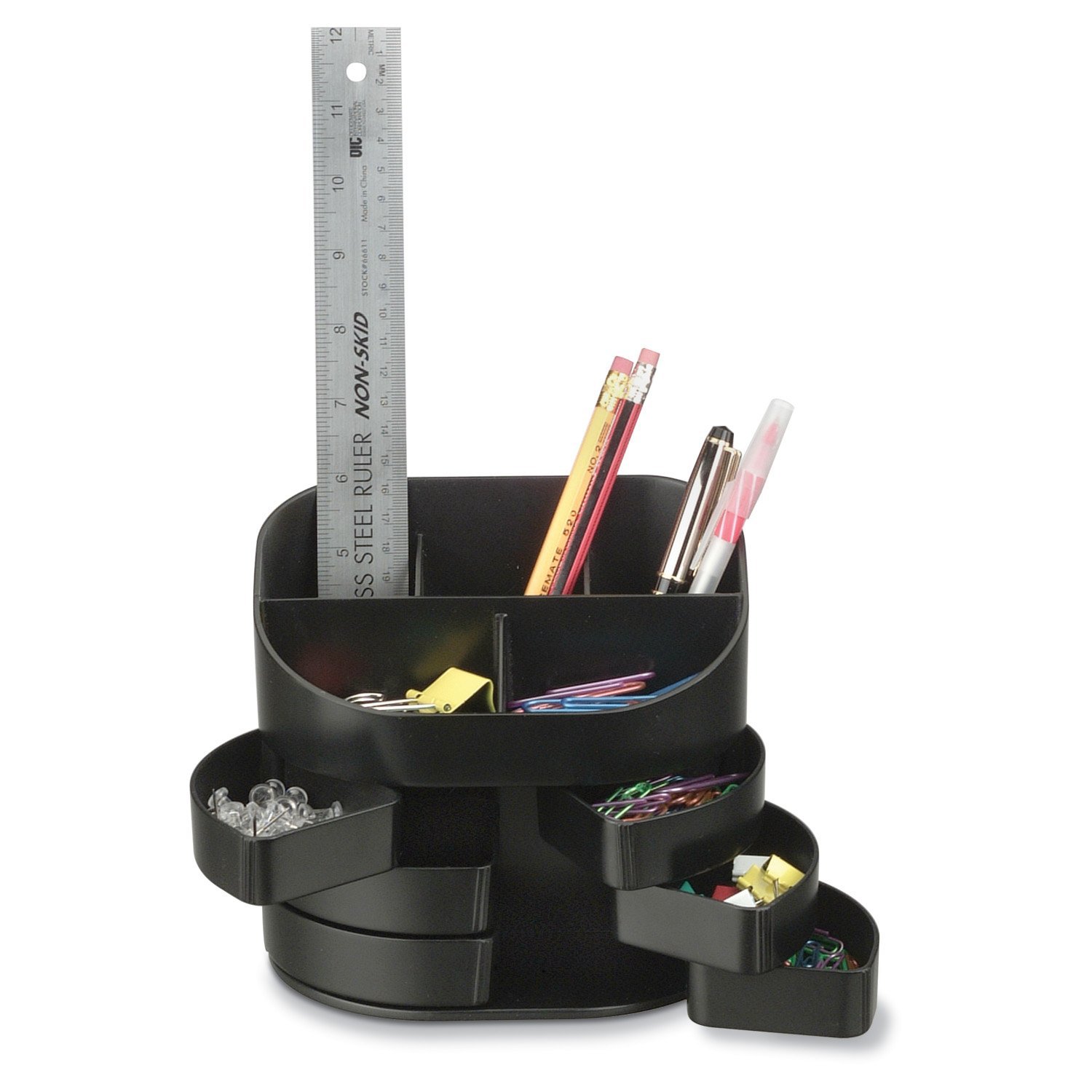 <center>Features 11 compartments including 6 individual swing out drawers, 2 open clip/accessory compartments and 3 stepped compartments for pens/pencils etc.</center>
