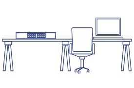 Line drawing of a modern workspace with a desk, office chair, router, and laptop.