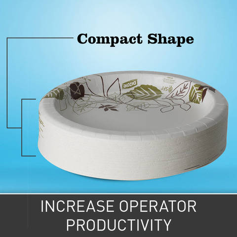 Compact, low-stacking shape saves storage space versus molded fiber and foam plates. This helps to reduce labor costs to restock & reorder plates, as well as helps to minimize service disruptions during peak meal times.
