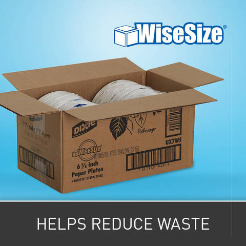 Contains less packaging materials per case than foam. Select Dixie plates & bowls are also available in Wise Size packaging, limiting stocking space needed per case.
