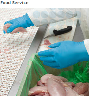  These powder-free nitrile gloves are approved for food handling per U.S. FDA and Health Canada regulations. The distinctive blue color is commonly used in food industries. 