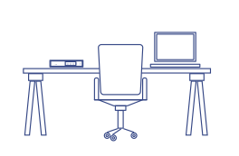 Line drawing of a modern workspace with a desk, office chair, router, and laptop.