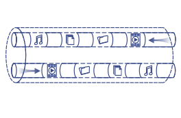 Illustration of a network cable with icons representing music, video, data transfer moving through the network.